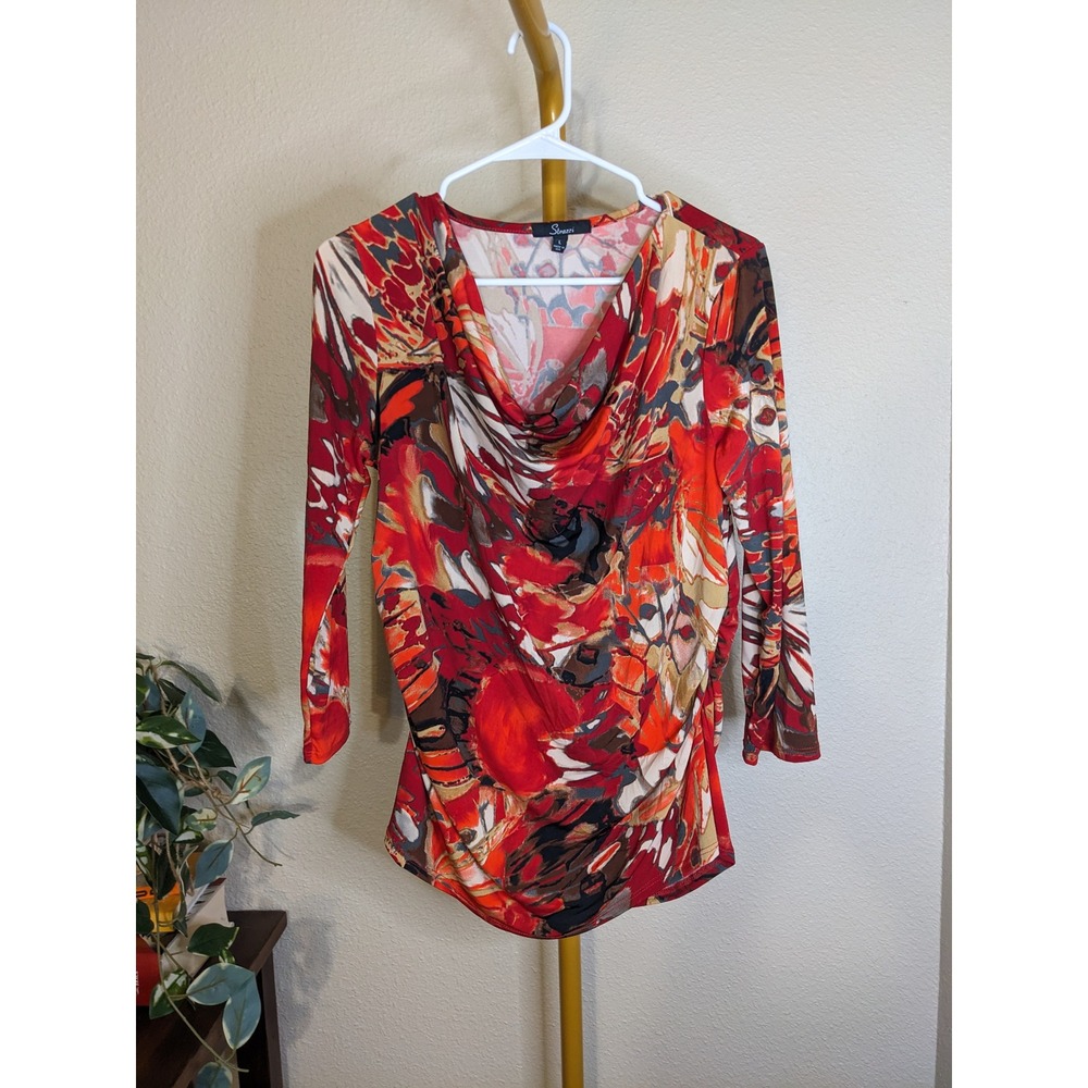 Strazzi Abstract Butterfly Print Cowl Neck Ruched Top Large Y2K Bohemian Luxe